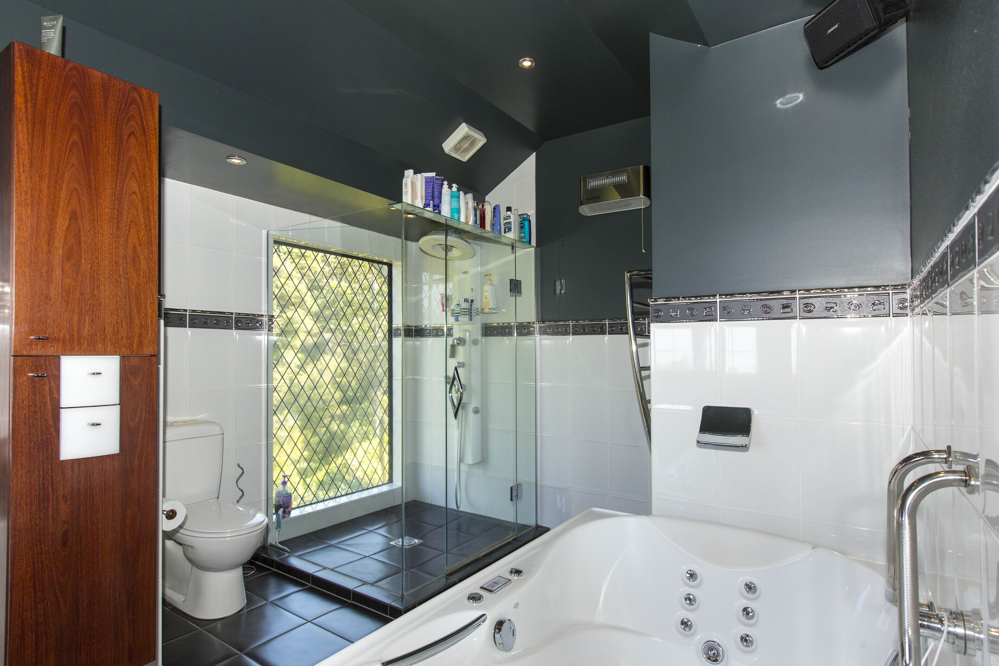 Bathtub, jetted bath, hair dryer, towels