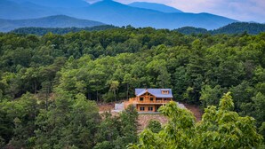 Une cabane entourée d’une forêt dense, avec une chaîne de montagnes en arrière-plan.