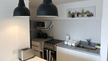 Apartemen, 1 Tempat Tidur King dengan tempat tidur Sofa, Bebas Asap Rokok, pemandangan kota | Dapur pribadi | Lemari es, microwave, kompor, dan mesin pembuat kopi/teh