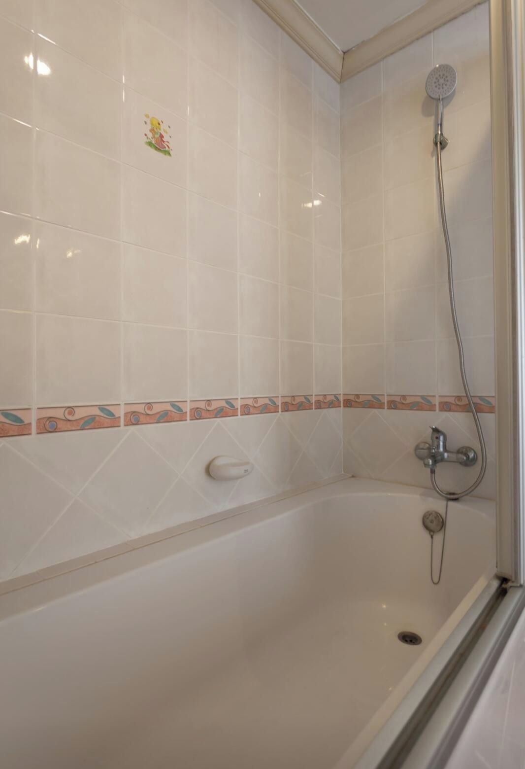 Ein Badezimmer mit Badewanne, Dusche und einer Handseifen-Spender.