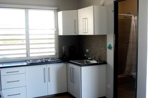 Fridge, microwave, stovetop, coffee/tea maker