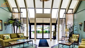 A hotel lobby with a green sofa, a coffee table, and a potted plant.