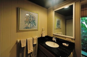 Combined shower/tub, hair dryer, towels, soap