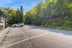 Park your car in the designated spaces surrounded by lush greenery.