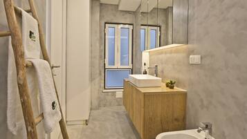 Shower, hair dryer, towels