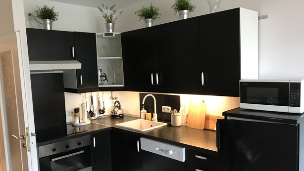 Une cuisine moderne avec des meubles de couleur noire, un four à micro-ondes, une bouilloire et un évier.