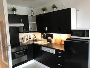 Frigorífico, microondas, horno y placa de cocina