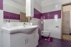 Shower, hair dryer, towels, toilet paper