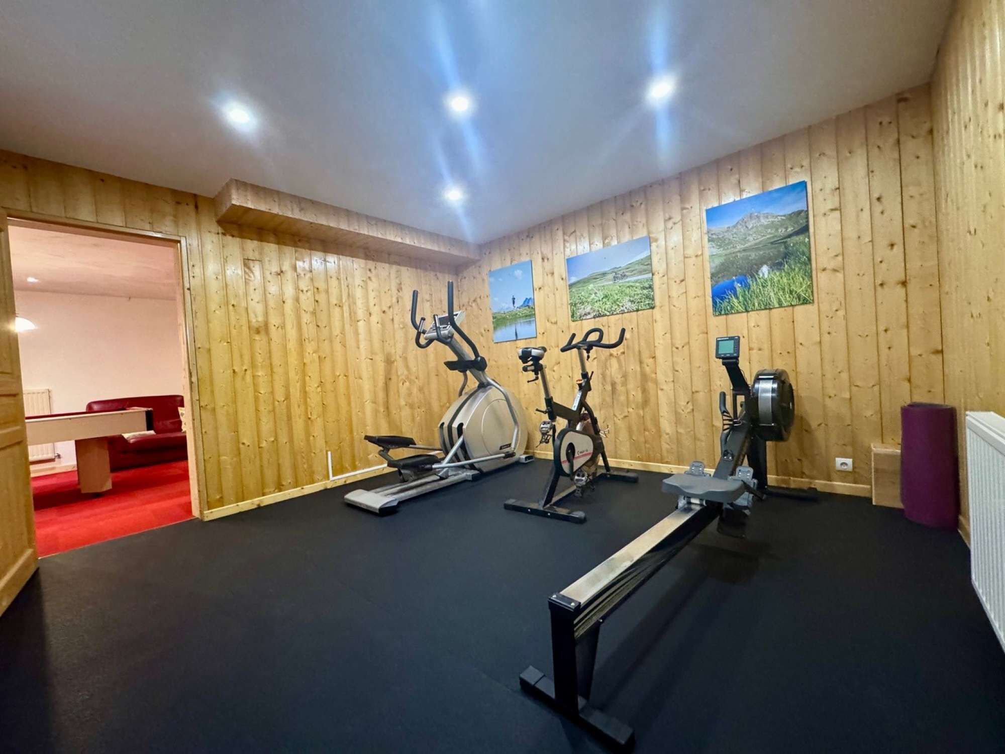 Un gimnasio con equipo de ejercicio, paredes de madera y una zona alfombrada de color rojo.