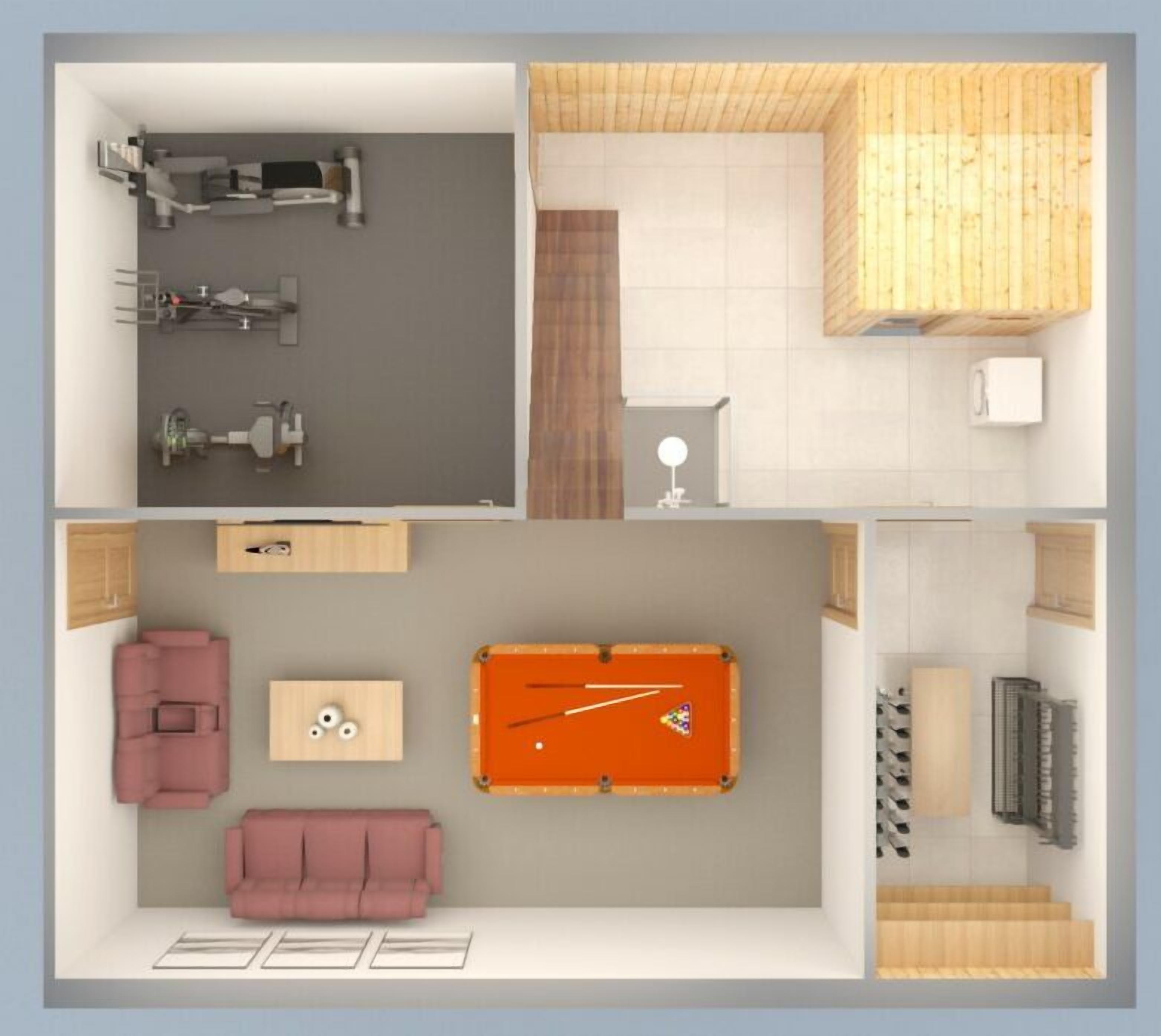 A 2D floor plan of a hotel room with a pool table, sofa, and a small kitchen area.