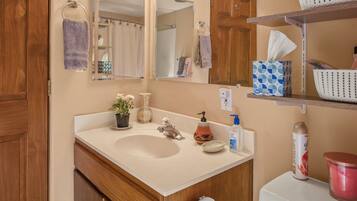 Hair dryer, towels, soap, shampoo