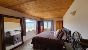 Une chambre avec un grand lit, une commode, une télévision et un ventilateur.
