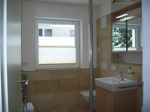 Dusche, Haartrockner, Handtücher, Seife