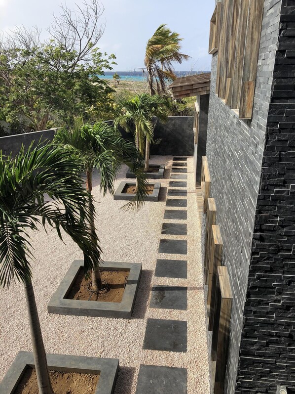 A modern outdoor area with a pathway, potted plants, and a view of the ocean.