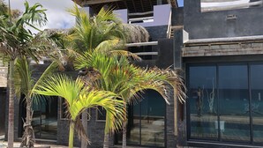 Un edificio moderno con facciata in vetro, palme e area piscina.
