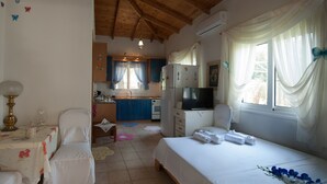 Un dormitorio con cama, escritorio, silla, televisor y una zona de cocina al fondo.