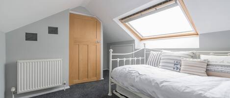 A bedroom with a sloped ceiling, a skylight, a white radiator, a wooden door, and a white metal bed frame.
