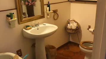 Combined shower/tub, hair dryer, towels, soap