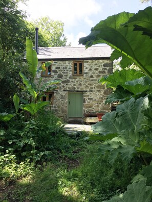 Una casa de piedra con una puerta verde, rodeada de abundante vegetación y un camino de piedra que lleva a la entrada.