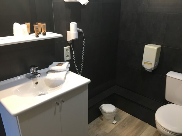 A modern bathroom with a white sink, a toilet, and a shower area. - Hotel Le Dauphin (Villard-de-Lans)