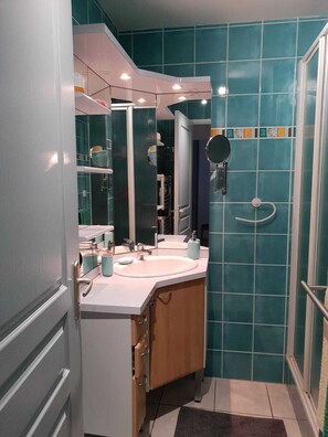 Shower, hair dryer, soap, toilet paper