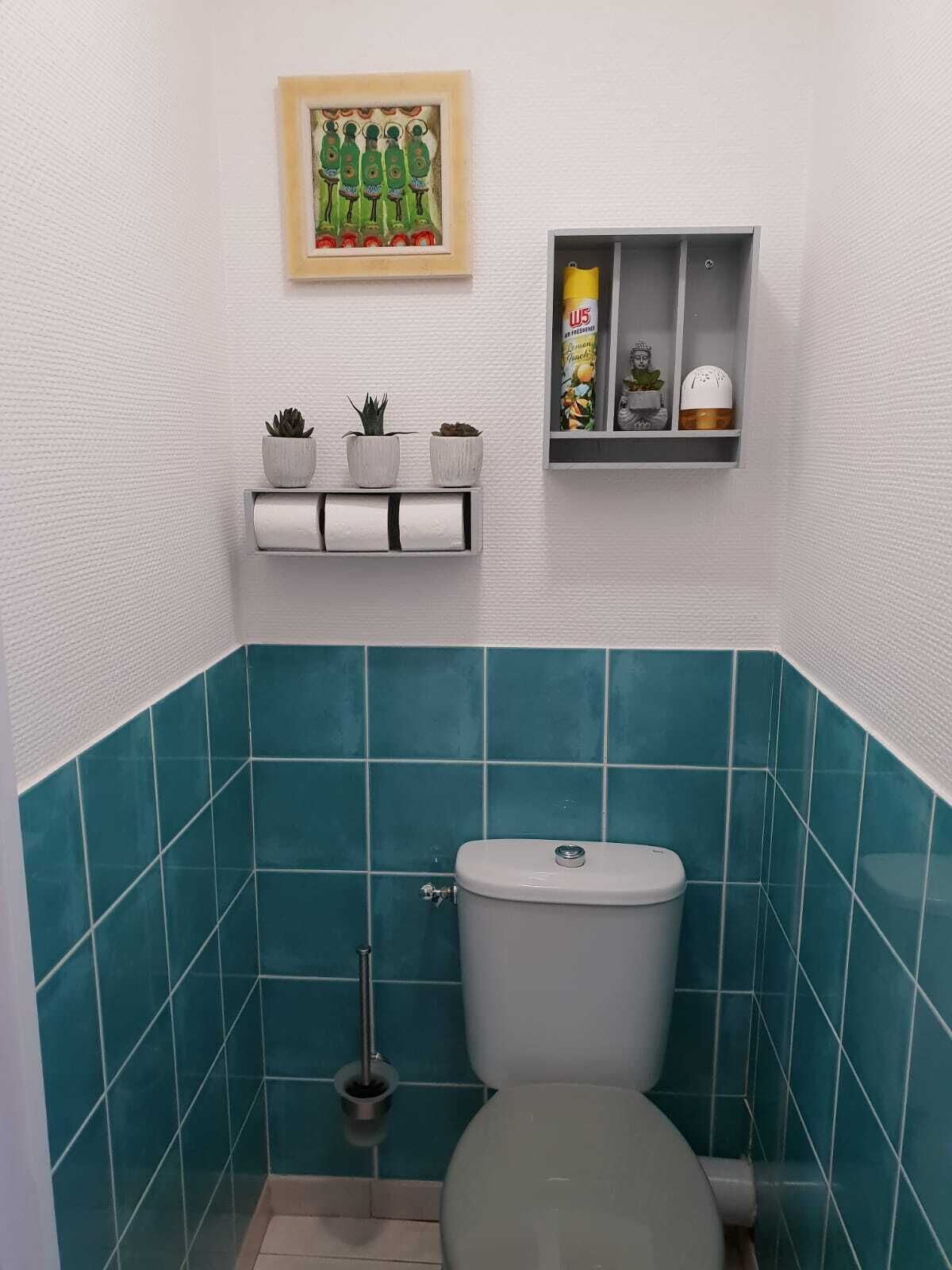 A bathroom with teal tiles, a toilet, a plunger, a framed artwork, and a shelf with toiletries.