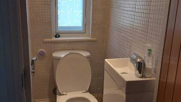 Hair dryer, towels, soap, toilet paper