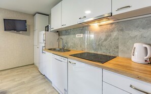 Fridge, microwave, stovetop, coffee/tea maker