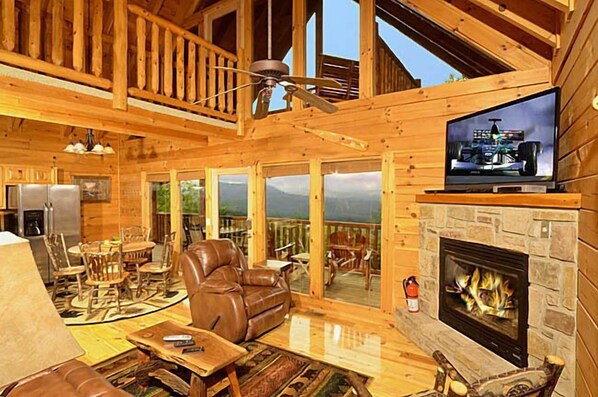 TV, fireplace, video games, DVD player