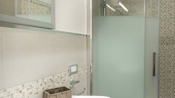 Shower, hair dryer, bidet, towels