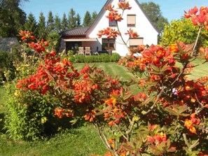 A house with a well-maintained lawn and a garden with red flowers in the foreground. - Fewo 3 - holiday home To Hus WE143 (Thesenvitz)