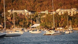 Un puerto deportivo con varias embarcaciones amarradas, rodeado de edificios y palmeras.