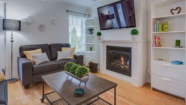 Ein Wohnzimmer mit grauem Sofa, einem Couchtisch mit Pflanze, einem Kamin, einem an der Wand montierten Fernseher und einem Bücherregal mit Büchern und Dekoration.