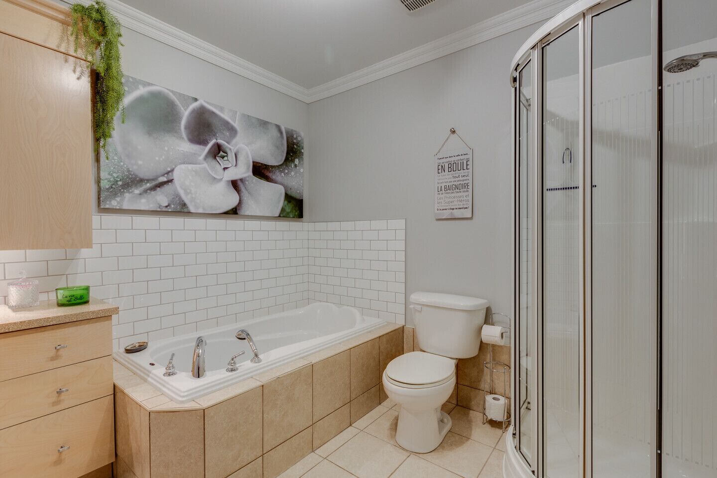 Une salle de bain moderne équipée d’une baignoire, de toilettes et d’une douche.