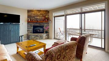 TV, fireplace, DVD player, books