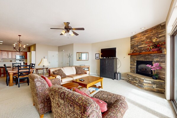 TV, fireplace, DVD player, books