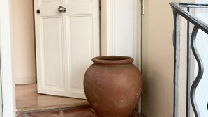 A hallway with a white door, a large terracotta pot, and a metal railing.