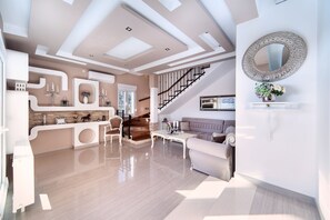 Smart TV, fireplace, DVD player, foosball