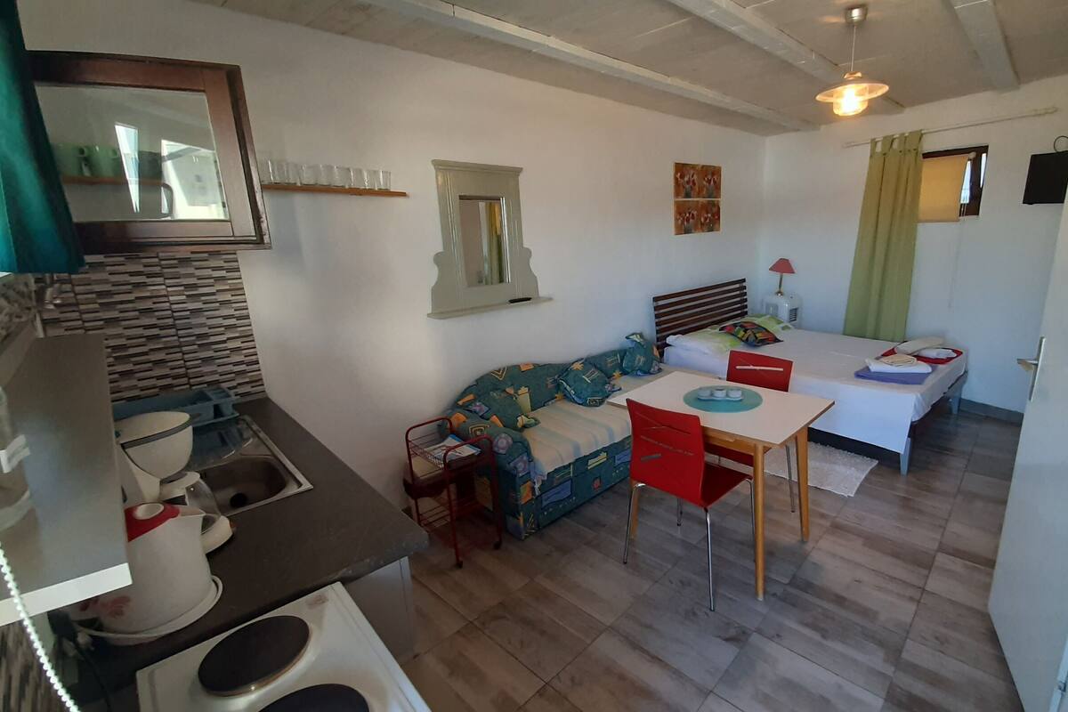 A compact room with a kitchenette, a sofa, a bed, and a small dining table.