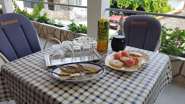 A table set with Bavarian-themed chairs, a checkered tablecloth, a plate of pastries, a bottle of juice, and a glass pitcher. - House Fani (Zastrazisce)