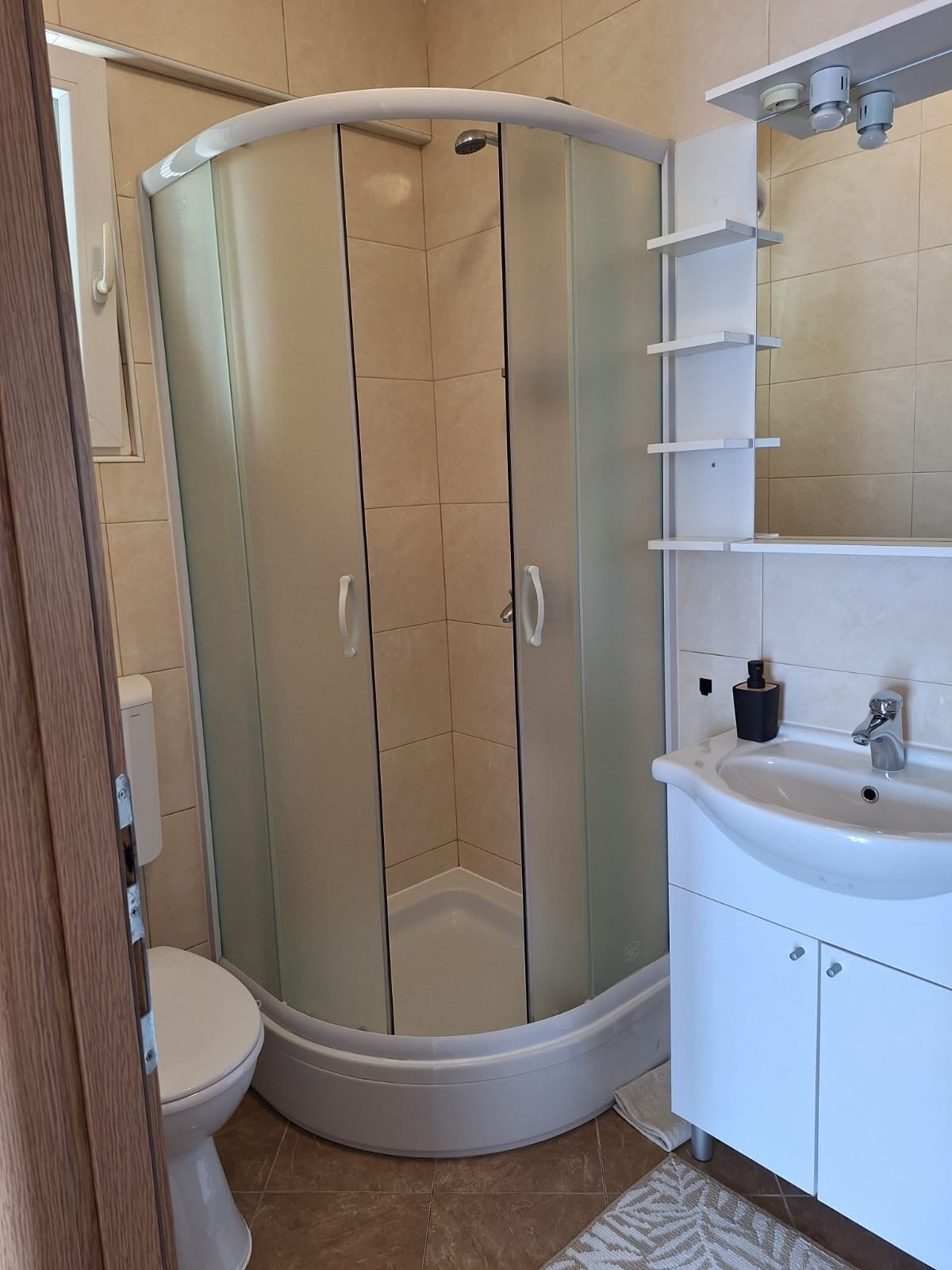 A bathroom with a glass-enclosed shower, a toilet, and a sink with a mirror above it.