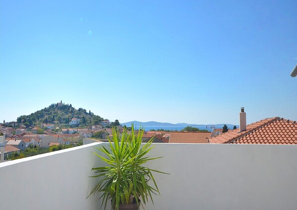 A view of a town with a hilltop church, terracotta-roofed buildings, and a potted plant in the foreground. - Apartments Mila Family With Pool (Tribunj)