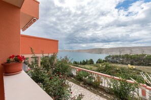 Ein Balkon mit einem Blumentopf und Blick auf einen See und Berge.