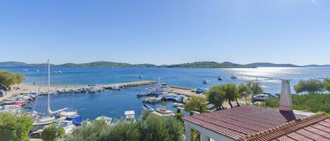 A marina with boats docked, a clear sky, and a distant shoreline.