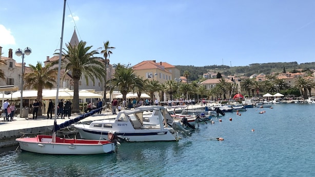 A marina with boats docked, palm trees, and buildings in the background. - Apartments Kirigin (Supetar)