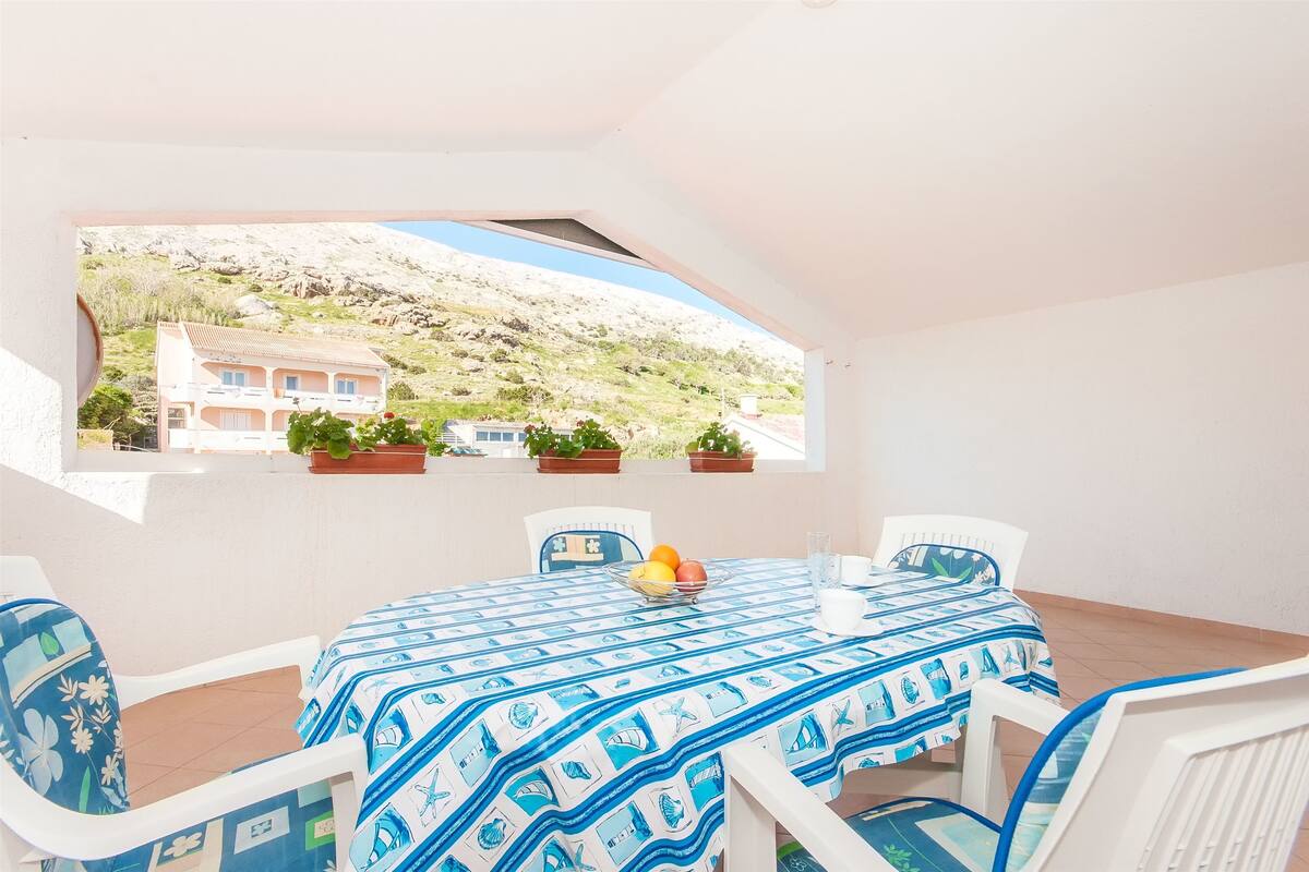 A dining area with a table set for two, a window with a view of a hillside, and potted plants on the windowsill.