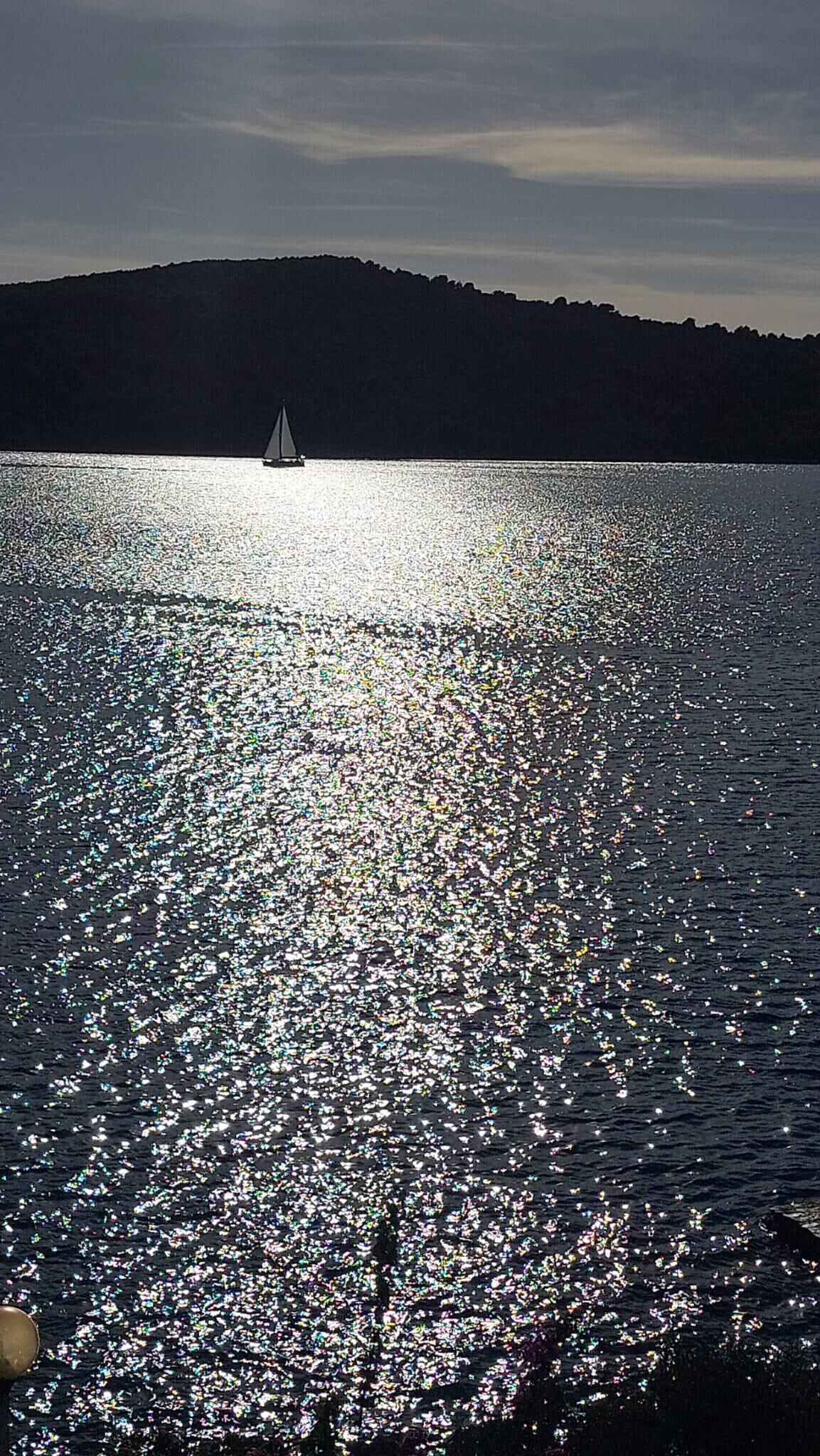 A sailboat on a calm body of water with a forested hill in the background.