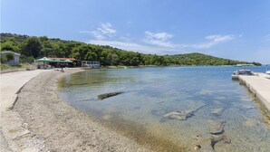 On voit clairement une plage avec un rivage de galets, un petit quai et, au fond, un bâtiment surmonté d’un toit végétalisé.