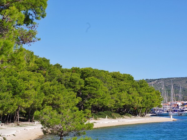 A coastal area with dense green trees, a sandy beach, and boats docked in the background. - Apartments Vukic (Rogoznica)