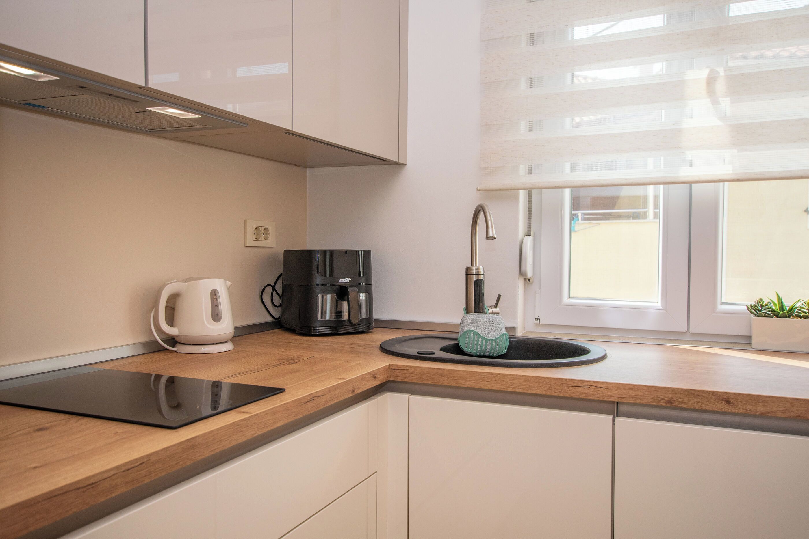 Apartment (A2) | Eigene Küche | Kühlschrank, Herdplatte, Espressomaschine, Wasserkocher